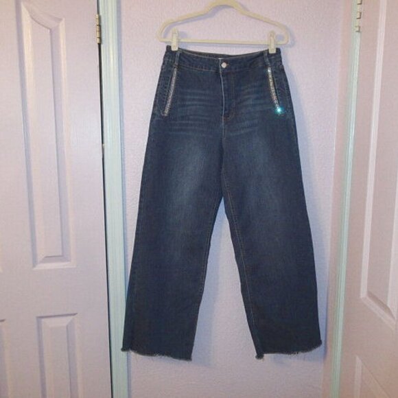 Women's Wide Leg Jeans Size 30 Baggy Rhinestones Bling Fringe High Rise Oat NY - Picture 1 of 10
